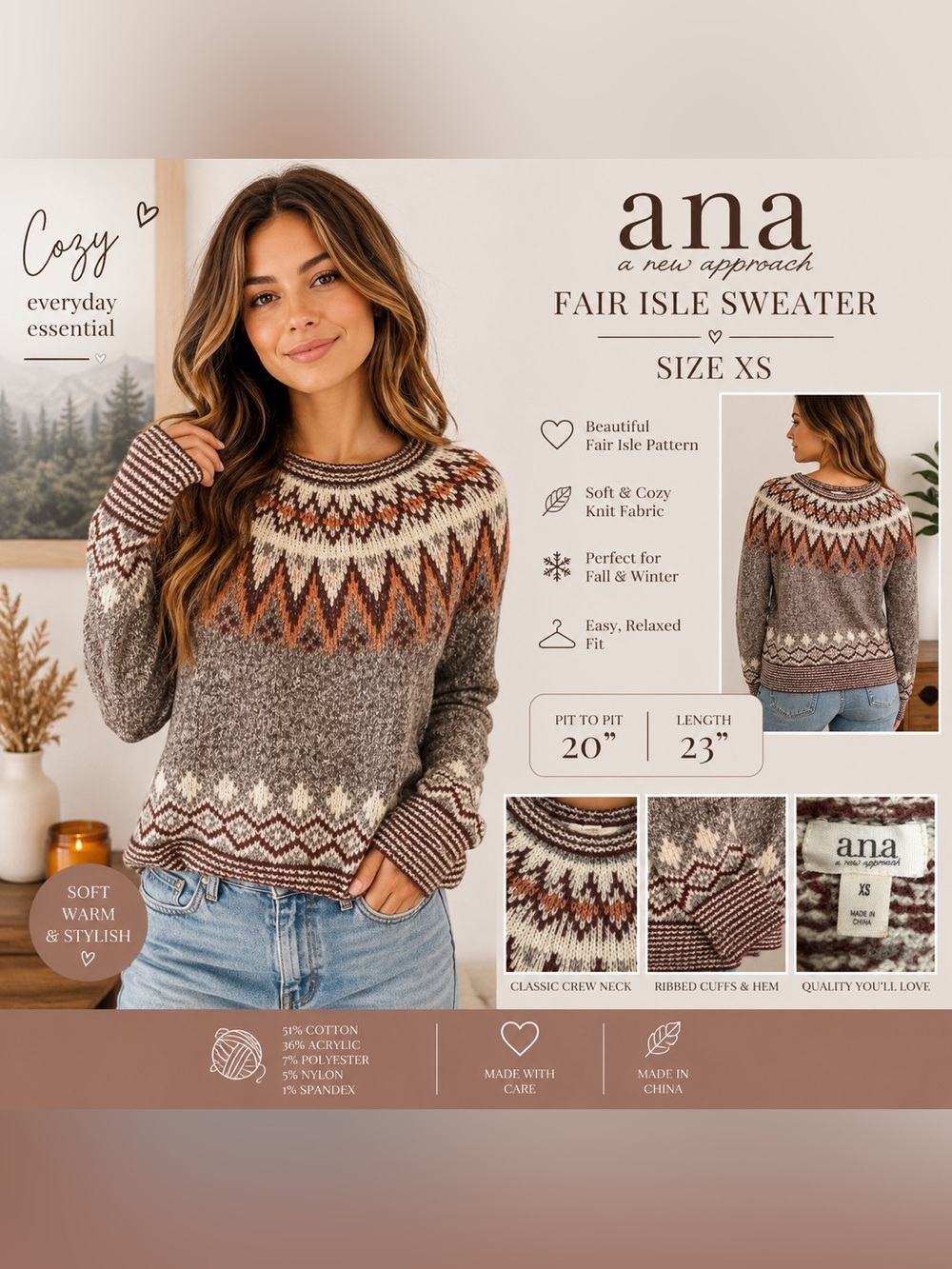 ANA A New Approach Fair Isle Sweater
Size XS • Cozy Nordic Knit Pullover